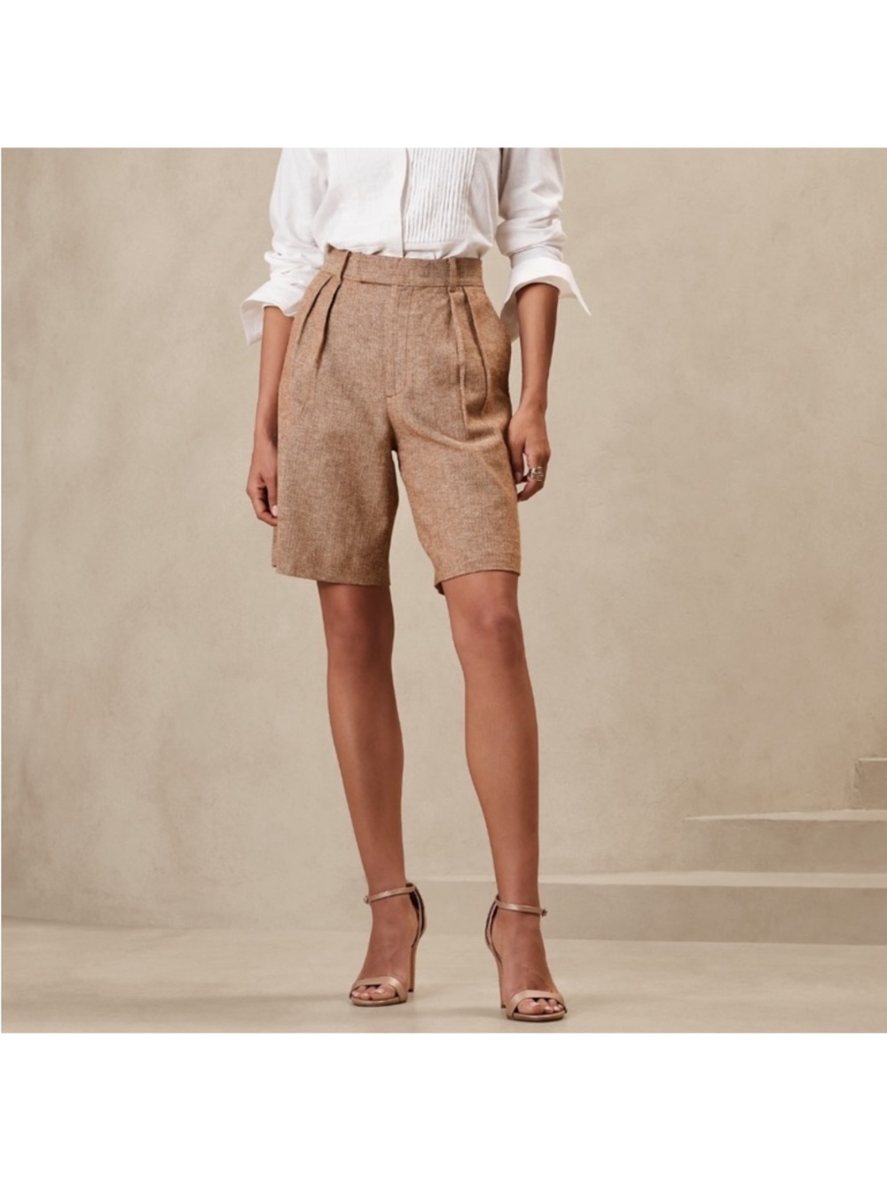 Banana Republic Linen-Cotton Bermuda Shorts Chevron Pleated 6 Women’s Brown